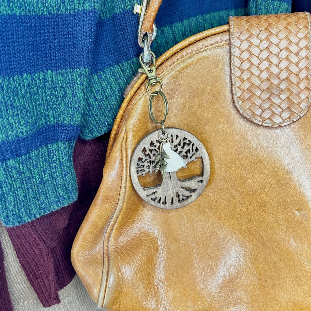 Wooden Tree of Life Bag Charm with Antique Bronze Hardware